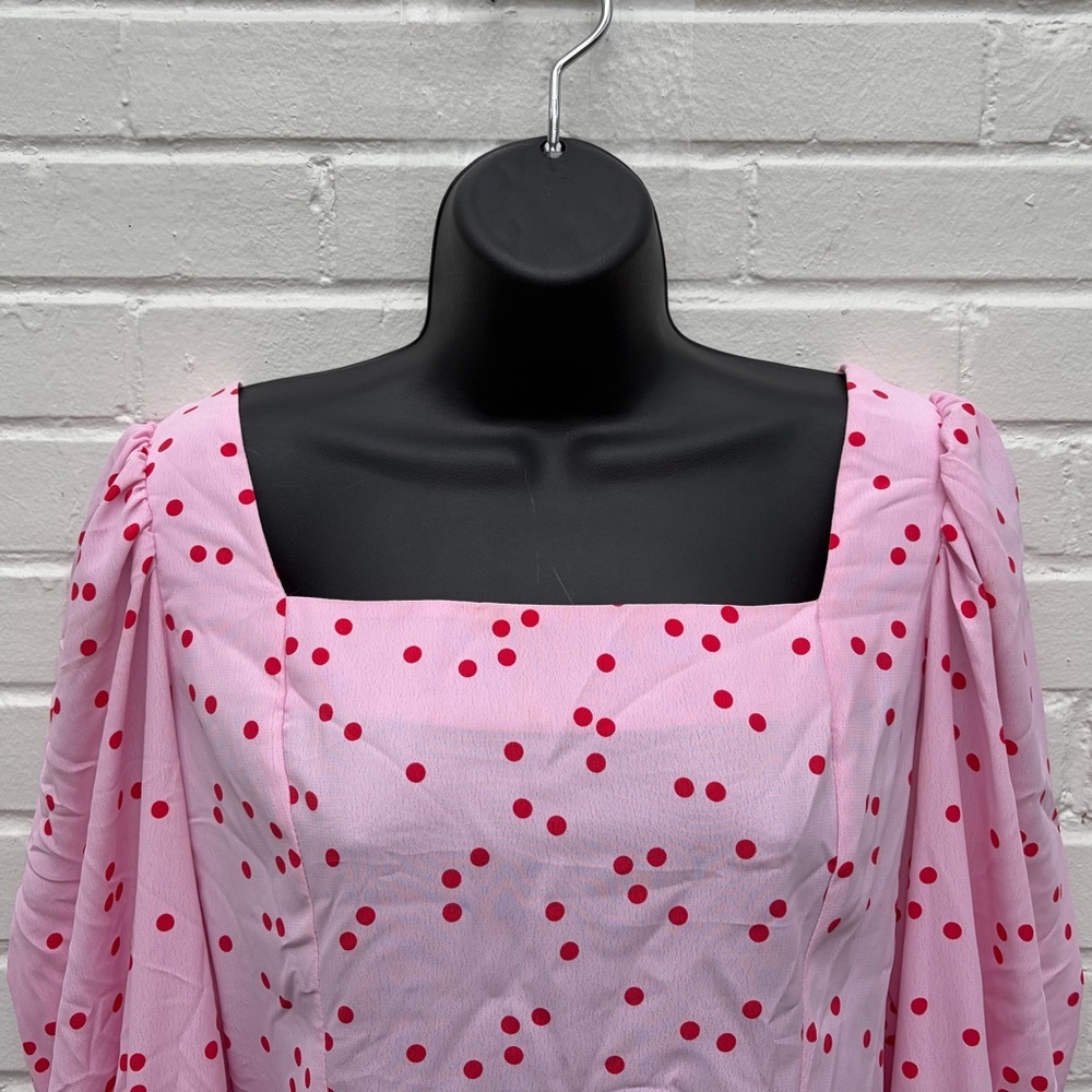 Miss Selfridge SQUARE NECK TOP WITH PUFF SLEEVES IN RED POLKA DOT-PINK, SZ 8 EUC - Picture 6 of 11